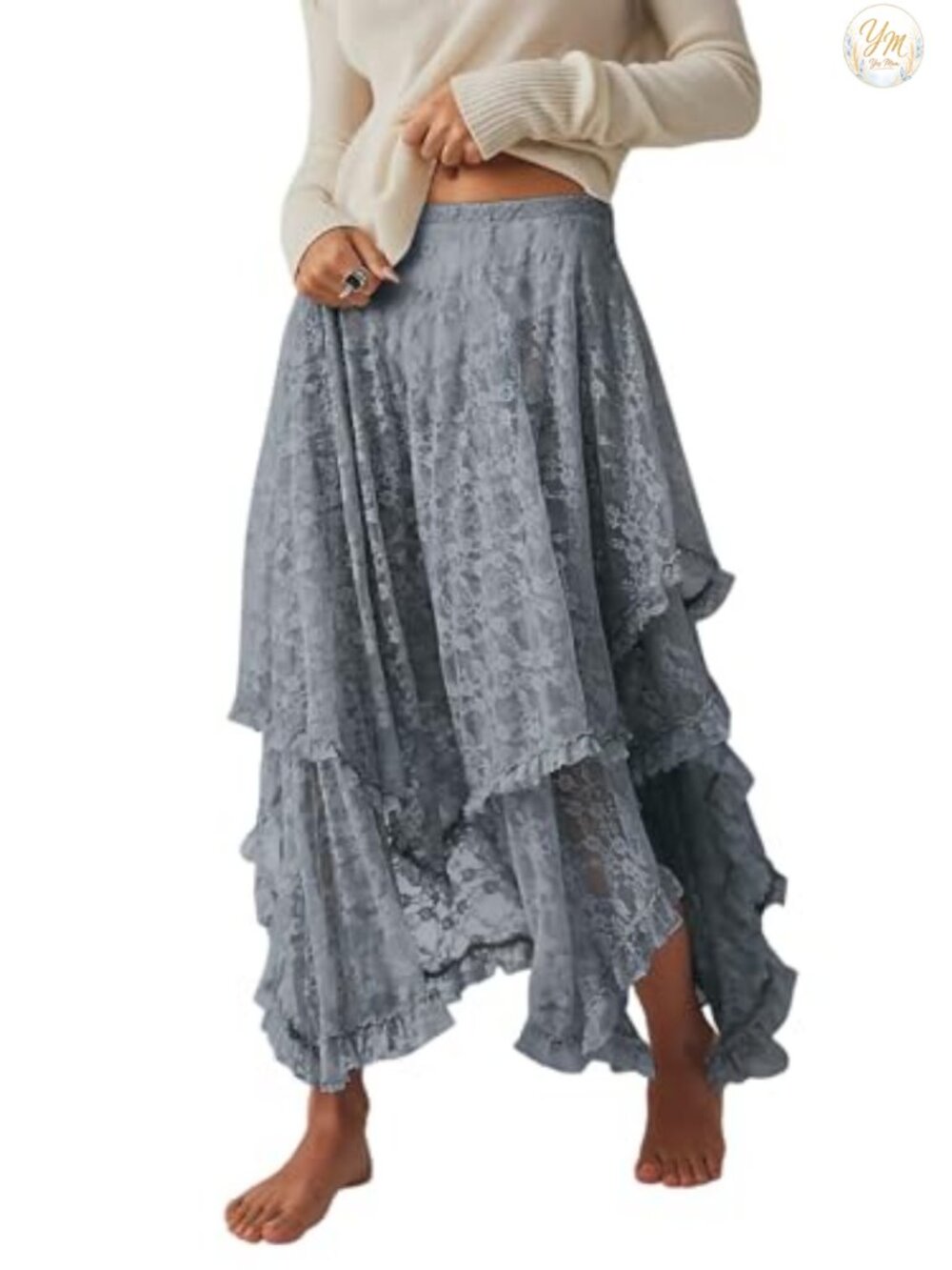 Lace Floral Maxi Skirt Handkerchief Hem Boho Beach Cover Up